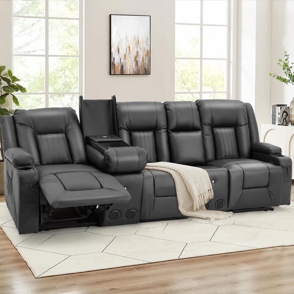 AECOJOY Reclining Sofa with 2 Console& Bluetooth Speakers, Manual RV Recliner Couch with USB Ports&4 Cup Holders, 2 Side Pockets Recliners on Clearance Home Theater Seating, Faux Leather in Black