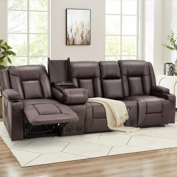 AECOJOY Reclining Sofa with 2 Console& Bluetooth Speakers, Manual RV Recliner Couch with USB Ports&4 Cup Holders, 2 Side Pockets Recliners on Clearance Home Theater Seating, Faux Leather in Brown