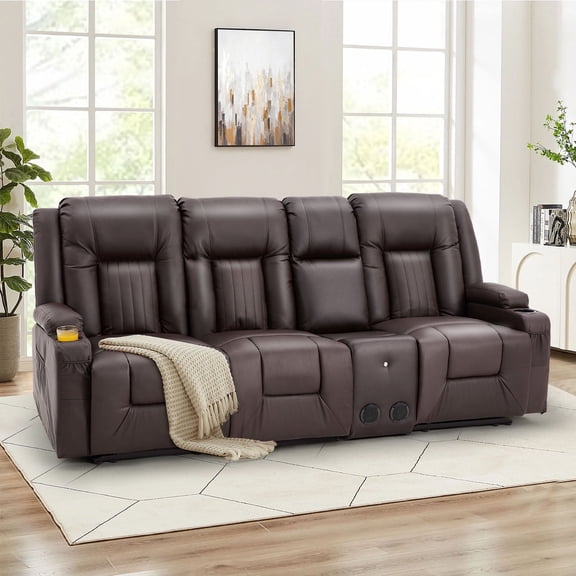 AECOJOY Reclining Sofa with Console&Bluetooth Speakers, Manual RV Recliner Couch with USB Ports&4 Cup Holders, 2 Side Pockets Recliners on Clearance Home Theater Seating, Fuax Leather, Brown