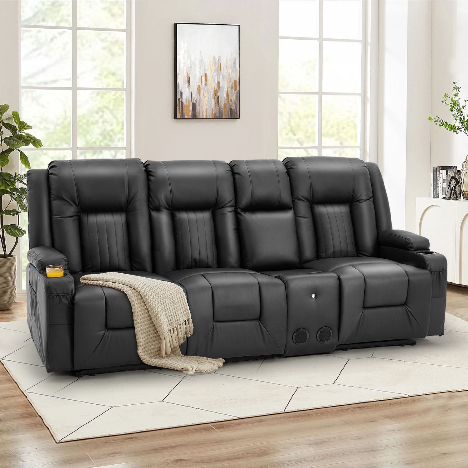 AECOJOY Reclining Sofa with Console&Bluetooth Speakers, Manual RV Recliner Couch with USB Ports&4 Cup Holders, 2 Side Pockets Recliners on Clearance Home Theater Seating, Fuax Leather, Black