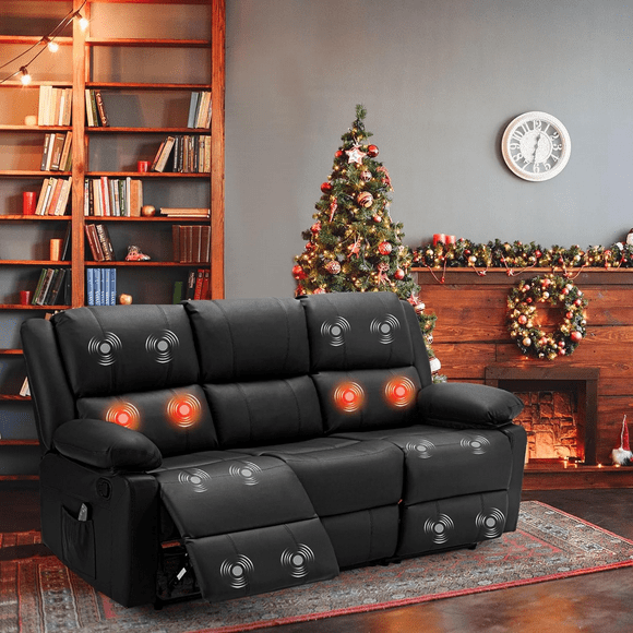 AECOJOY Reclining Sofa with Massage&Heat Function, Wall Hunger Recliner Couch 3-Seat Manual Faux Leather RV Sofa Couch, Home Theater Seating, Black
