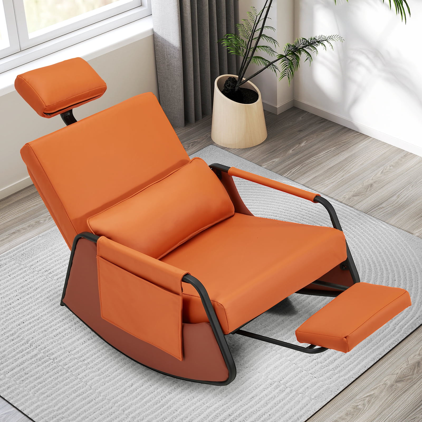 AECOJOY Rocking Chair with Pull-out Footrest for Nursery, Glider Recliner 3-Position Adjustable Backrest with Side Pocket , Orange