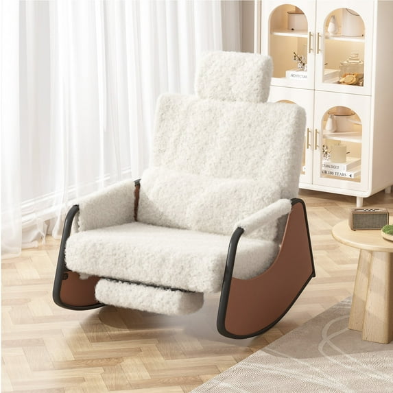 AECOJOY Rocking Chair with Pull-out Footrest for Nursery, Glider Recliner 3-Position Adjustable Backrest with Side Pocket , Teddy Fabric White