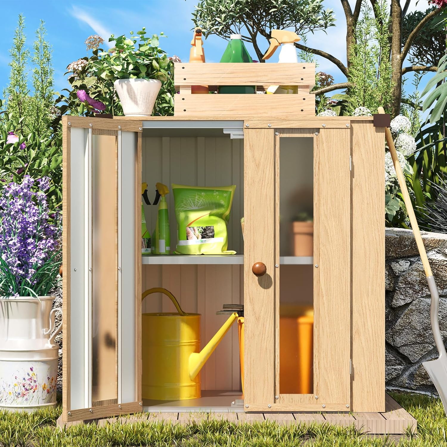 AECOJOY Small Outdoor Storage Cabinet Waterproof with Shelves, Deck Box, Vertical Garden Storage Sheds, Garden Sheds & Outdoor Storage Cabinet Weatherproof for Patio Wood Grain