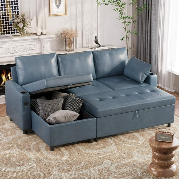 AECOJOY Sofa Bed, 3 in 1 Sleeper Sofa with Storage Chair, Faux Leather L Shape Couch, Sectional Pull Out Sofa Bed Mid Century Modern Couch for Living Room Clearance, Comfy Sleeper Couch in Blue