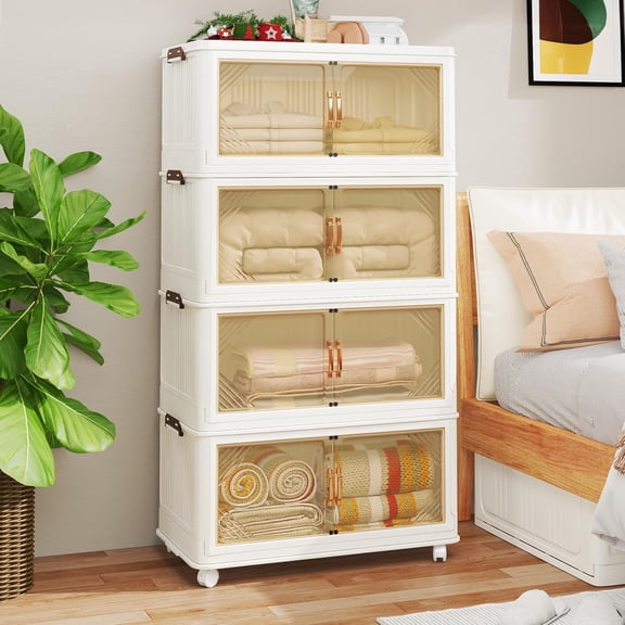 AECOJOY Stackable Storage Bins with Wheels & Lids, 111 Gal/444 Qt Collapsible Plastic Storage Drawers, Storage Containers for Closet,Garage,Pantry, 4Packs, Amber Tinted Clear Panels/White