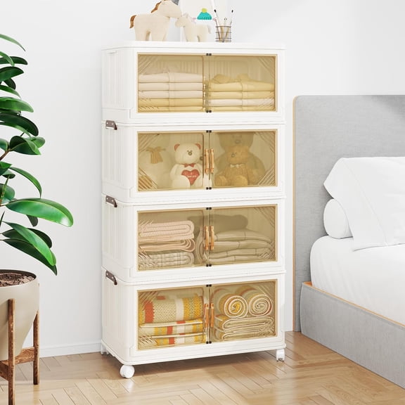 AECOJOY Stackable Storage Bins with Wheels & Lids, 120 Gal/480 Qt Collapsible Plastic Storage Drawers, Storage Containers for Closet, Garage, Pantry, 4Packs, Amber Tinted Clear Panels/White