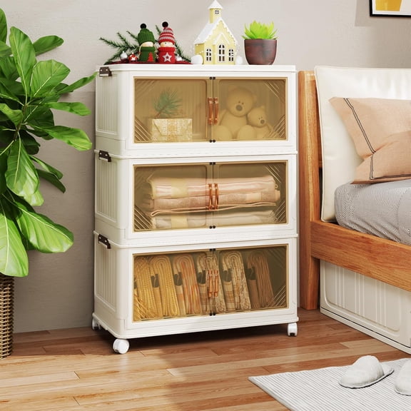 AECOJOY Stackable Storage Bins with Wheels & Lids, 70 Gal/280 Qt Collapsible Plastic Storage Drawers, Storage Containers for Closet, Space-Saving Organizer for Garage,Closet,Pantry, 3Packs, Amber Tin