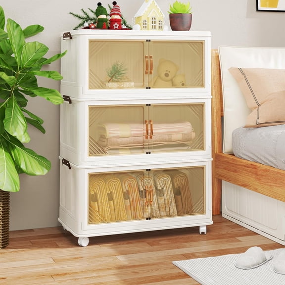 AECOJOY Stackable Storage Bins with Wheels & Lids, 83 Gal/333 Qt Collapsible Plastic Storage Drawers, Storage Containers for Closet, Garage,Closet,Pantry, 3Packs, Amber Tinted Clear Panels/White