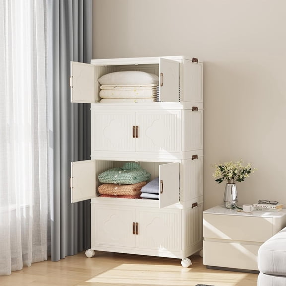AECOJOY Stackable Storage Bins with Wheels & Lids, 90 Gal/360 Qt Collapsible Plastic Storage Drawers, Storage Containers for Closet, Space-Saving Organizer for Garage,Closet,Pantry, 4Packs, White