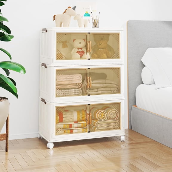 AECOJOY Stackable Storage Bins with Wheels & Lids, 90 Gal/360 Qt Qt Collapsible Plastic Storage Drawers, Storage Containers for Closet, Garage, Pantry, 3Packs, Amber Tinted Clear Panels/White