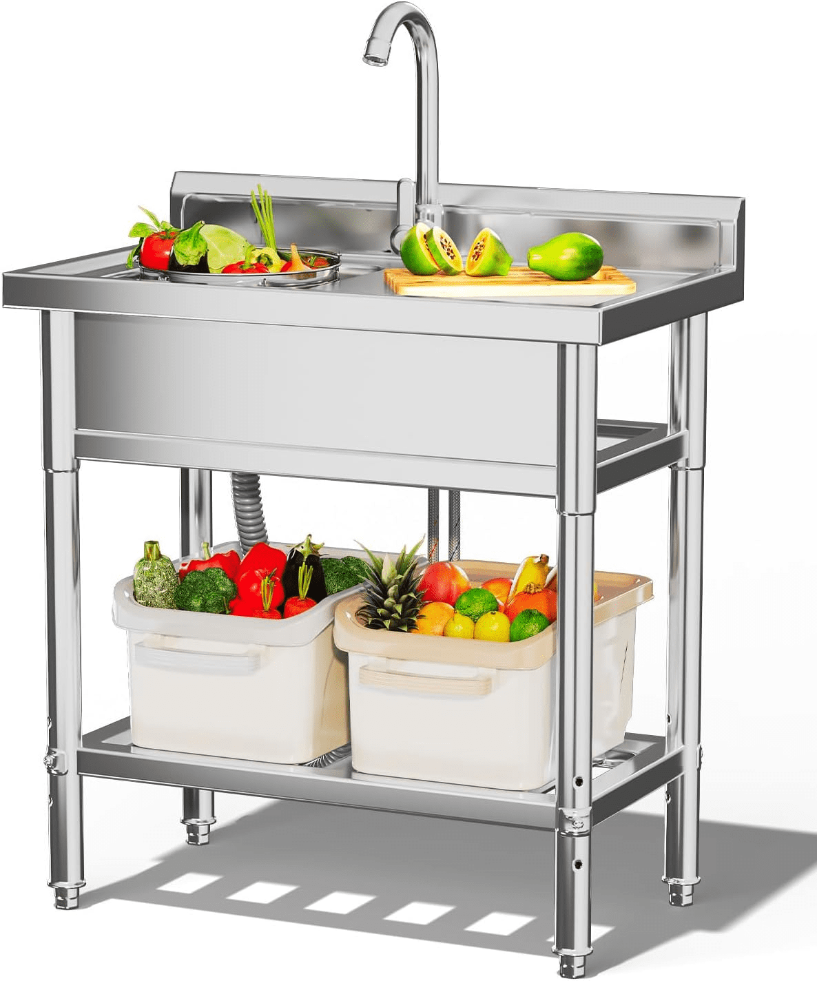 AECOJOY Stainless Steel Utility Sink,Freestanding Single Bowl Laundry Sink with Shelf Board,Outdoor Sink with Hose Hookup for Restaurant, Laundry Room, Garage, Commercial Kitchen