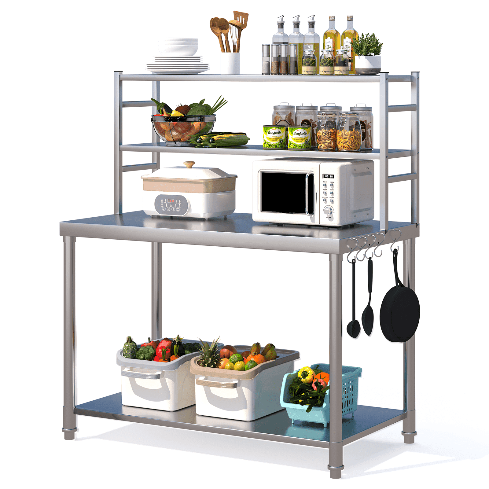 AECOJOY Stainless Steel Prep Table, Dual Shelves, Hooks, Heavy