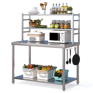 AECOJOY Stainless Steel Table With Overshelves Work Table With Hooks Commercial Kitchen Prep Table With Two Shelves Heavy Duty Metal Table for Commercial Kitchen Restaurant