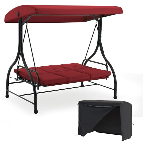 AECOJOY 3 Person Steel Outdoor Patio Canopy Adjustable Steel Porch Swing Chair with Cover, Red