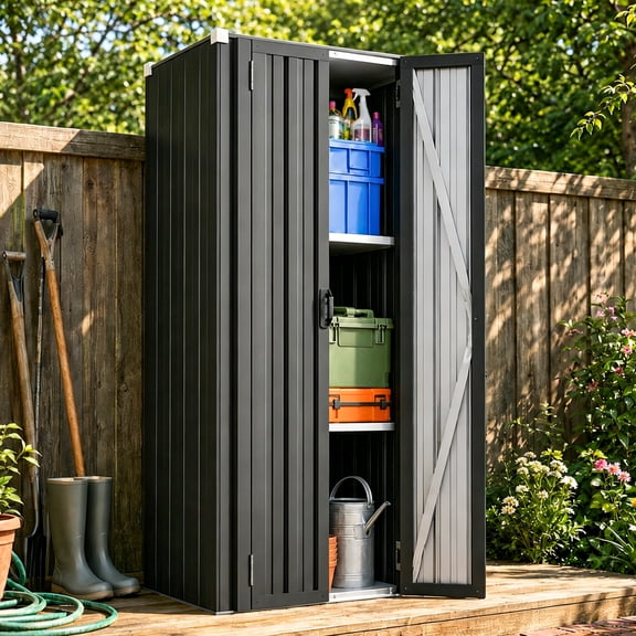 AECOJOY Waterproof Outdoor Storage Cabinet with 3-Tier Adjustable Shelves, Galvanized Steel, Dark Grey, for Patio & Garden