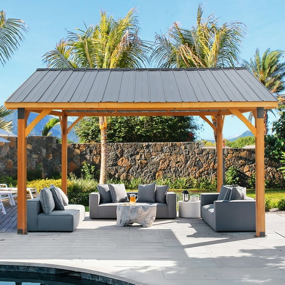 AECOJOY Wooden Gazebo 14.5x11ft for Outdoor BBQ Grill and Relaxation, Sturdy Brown Permanent Pavilion for Patios, Gardens, and Lawns