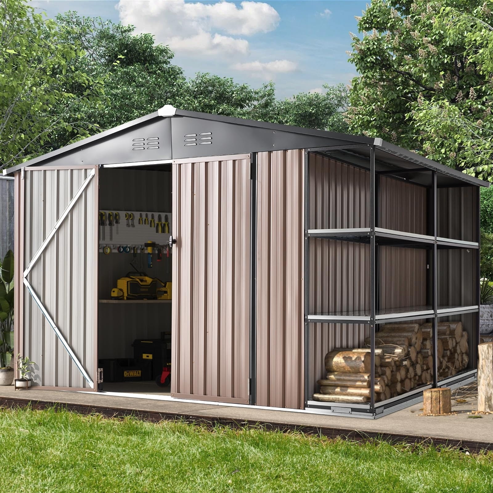 AECOJOY 10x8 Brown Metal Outdoor Storage Shed with Shelves