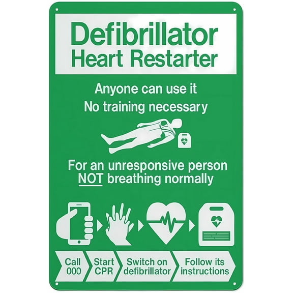 AED Defibrillator Instruction Sign 8"x12" Reflective Aluminum Metal, Warning Signage with Symbol, Indoor Outdoor Business Home Safety Guide, Emergency Response Sign