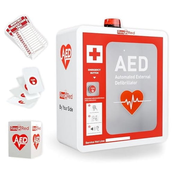 AED Defibrillator Wall Mounted Cabinet with Metal AED Projecting Sign, Steel Storage Cabinet with Quick Accessible Door, Alarm System, Fits All Brands AED Defibrillator, for Office, Hospital
