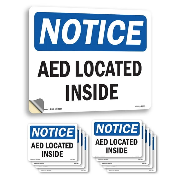AED Located Inside OSHA Notice Vinyl Decal Label 10 Inch x 7 Inch - 10 Pack
