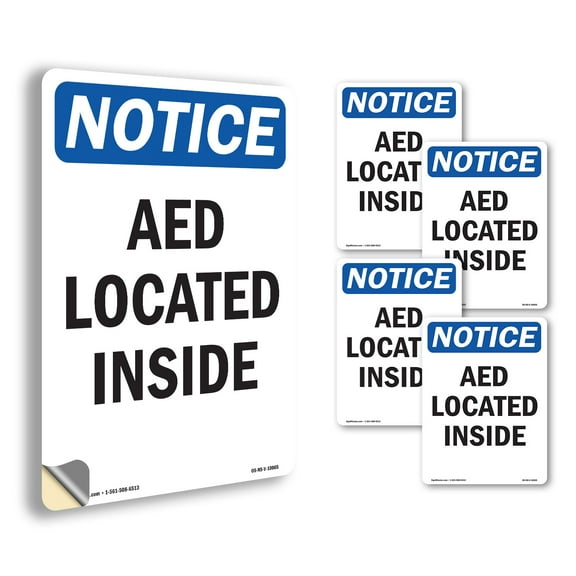 AED Located Inside OSHA Notice Vinyl Decal Label 5 Inch x 3.5 Inch - 5 Pack