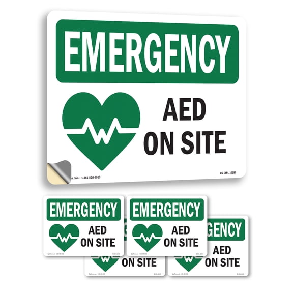 AED On Site With Symbol OSHA Emergency Vinyl Decal Label 5 Inch x 3.5 Inch - 5 Pack