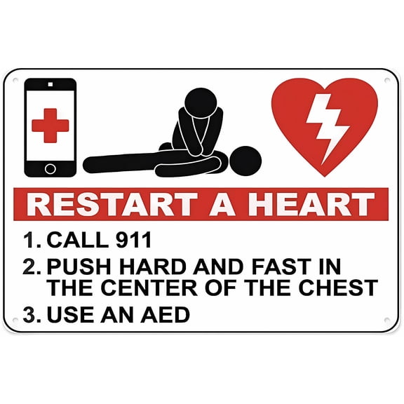 AED Restart A Heart Aluminum Tin Warning Sign 8"x12" - For Home Outdoor Garden, AED Heart Restart Sign