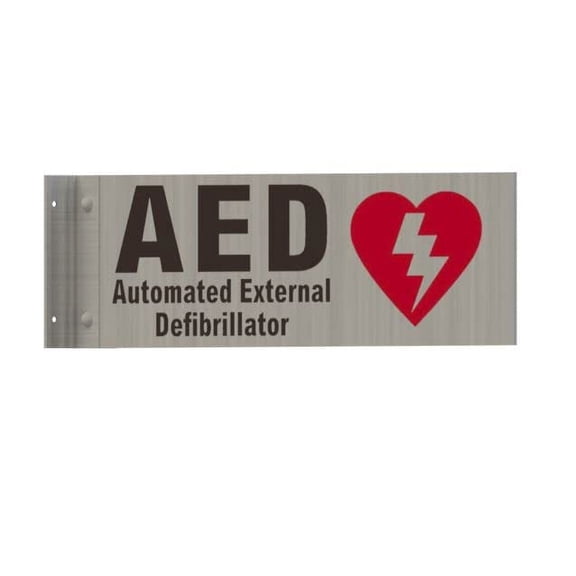 AED -Two-Sided/Double Sided Projecting, Corridor and Hallway Sign (Aluminum, Silver, 4x12 Inch)-The Hallway Line(ref062022)