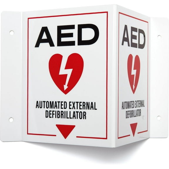 AED Wall Mount Sign 2-Pack | 3D Projecting Automated External Defibrillator Safety Signage for the Workplace, 6" x 8" x 4"
