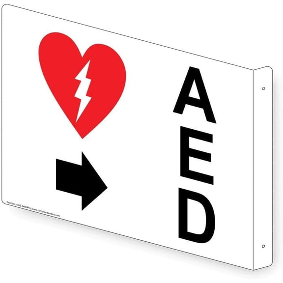 AED (With Inward Arrow) Ceiling Sign, Projection-Mount 9x7 inch Aluminum for Emergency Response