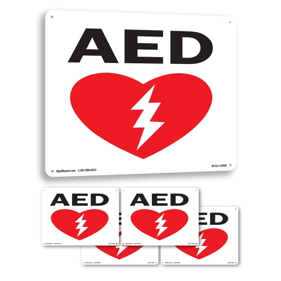 AED (with graphic) OSHA Rigid Plastic Sign 14 Inch x 10 Inch - 5 Pack