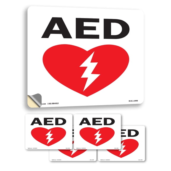 AED (with graphic) OSHA Vinyl Decal Label 5 Inch x 3.5 Inch - 5 Pack