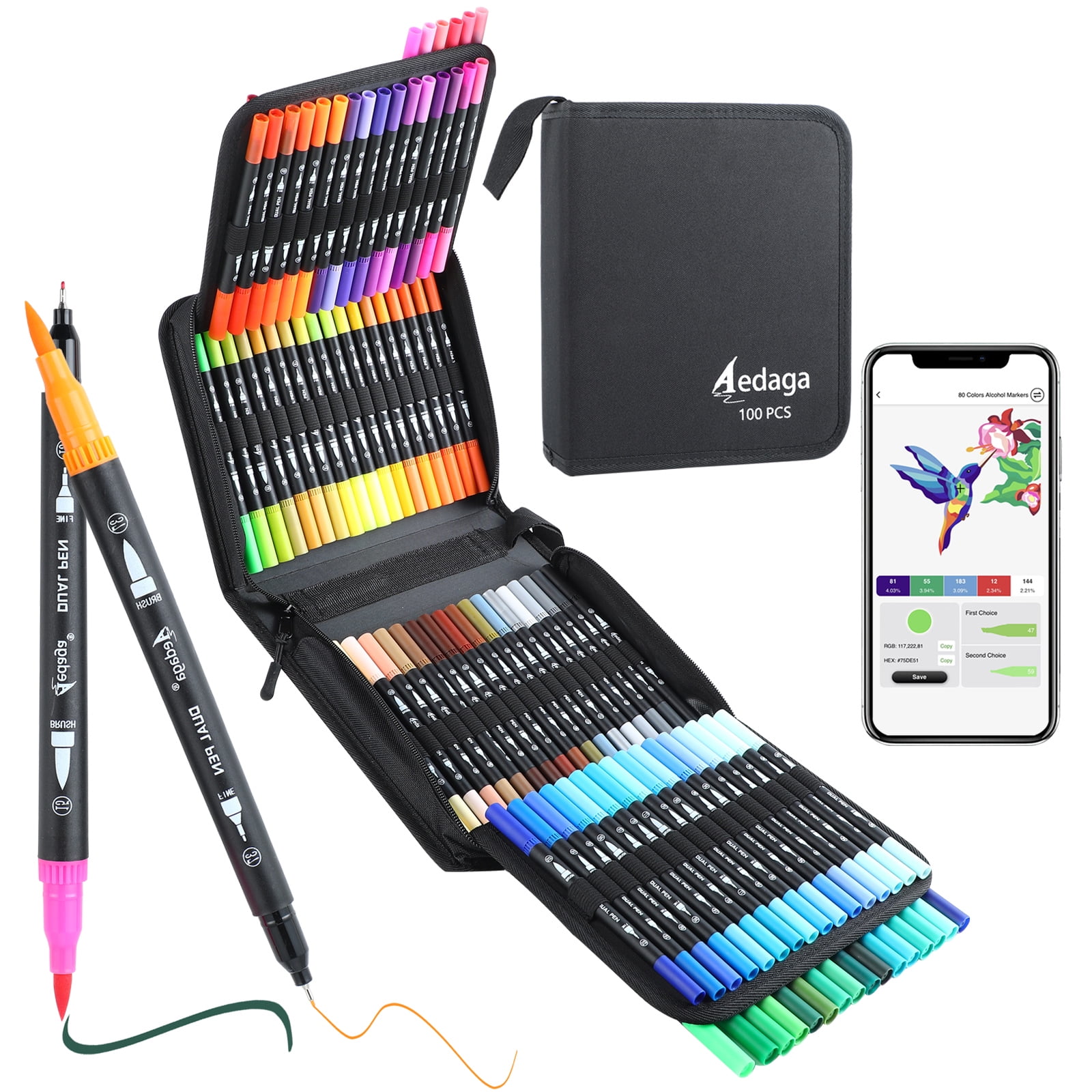 AEDAGA 100 Colors Numbered Dual Tip Brush Pens with Free App, Fine and Brush  Tips Colored Pens for Adults and Kids, Coloring Markers for Coloring Book  Bullet Journaling Note Taking Hand Lettering 