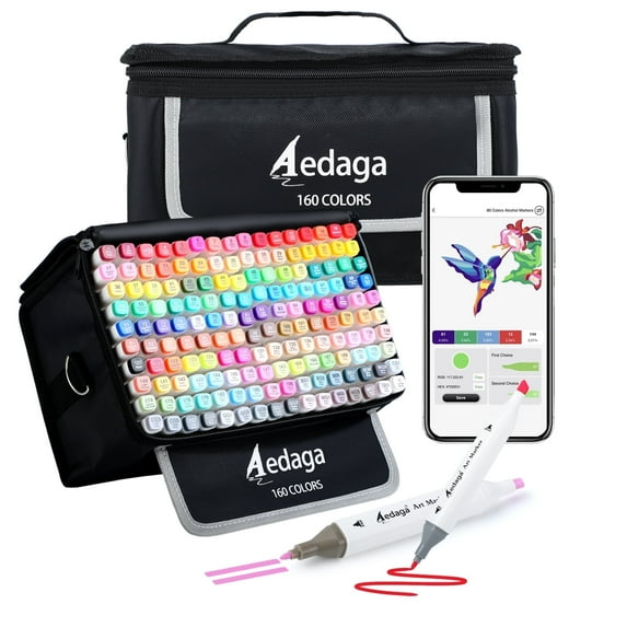 AEDAGA 160 Colors Alcohol Markers with Free App, Dual Tip Art Markers with Kickstand Case for Artists Adults and Kids. Alcohol Based Markers for Coloring Painting Sketching and Drawing, Great Gift.