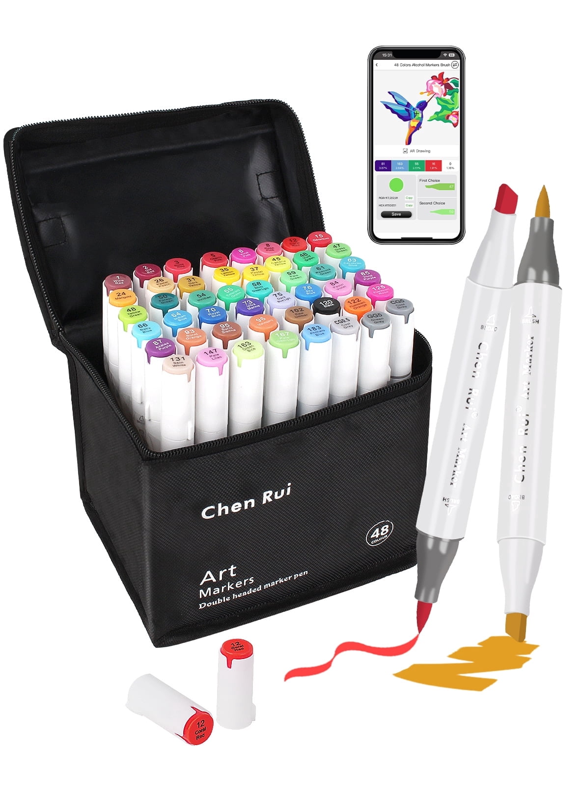 48 Colors Alcohol Markers Brush Tip with Free App, Chen Rui Series Chisel & Brush Tips Alcohol Brush Markers for Adults Coloring, Drawing, Painting, Illustration, Sketching