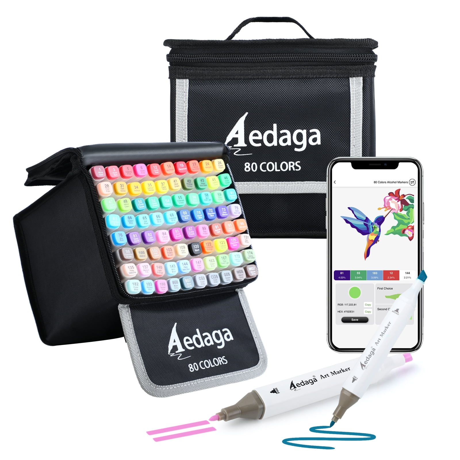 AEDAGA 80 Colors Alcohol Markers Set, Dual Tip with Free App