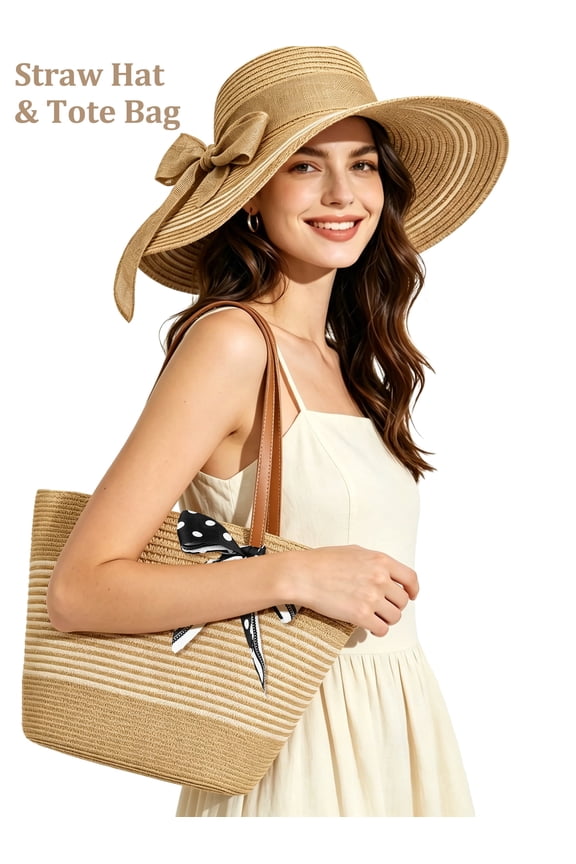 Sun Hat and Tote Bag for Women Set 2Pcs Wide Brim UPF 50+ Women Summer Straw Hat for Women, Khaki