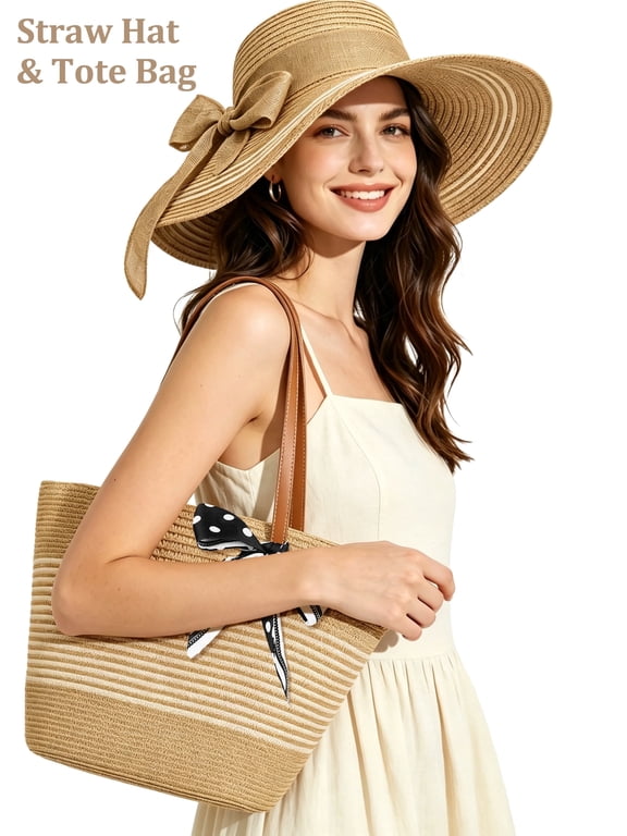 Sun Hat and Tote Bag for Women Set 2Pcs Wide Brim UPF 50+ Women Summer Straw Hat for Women, Khaki