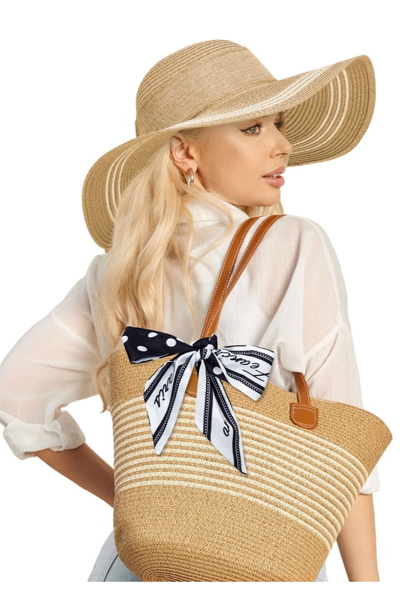 Sun Hat and Tote Bag for Women Wide Brim UPF 50+ Women Summer Straw Hat for Women, Khaki