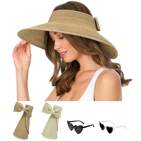 AEDAMURRA 2 Pcs Women Sun Straw Hats Floppy UPF 50+ Foldable Summer Sun Hats for Beach with Glasses Khaki and Beige