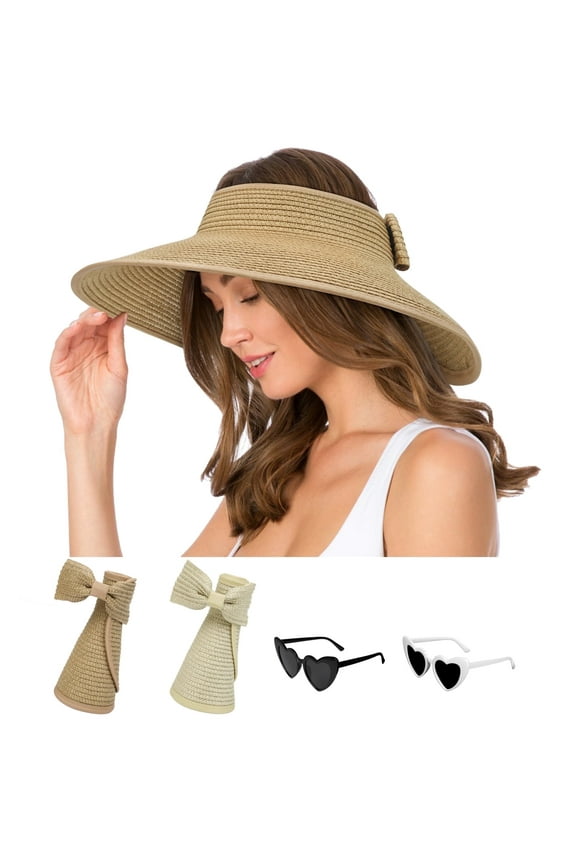2 Pcs Women Sun Straw Hats Floppy UPF 50+ Foldable Summer Sun Hats for Beach with Glasses Khaki and Beige