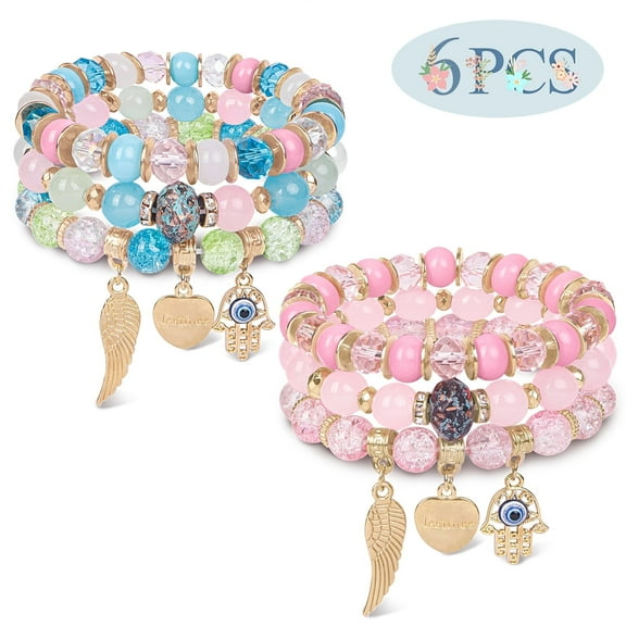 AEDAMURRA 6 Pcs Bracelets for Women, Bohemian Stackable Stretch Retro Gifts Jewelry Colored and Pink