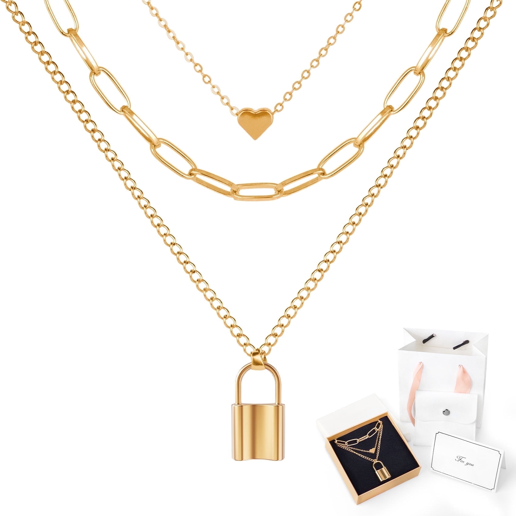 Necklace for Women, Gold Plated Lock Heart Layered Necklace Stackable Dainty Chain Jewelry Set Gifts