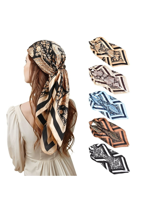 5 Pcs Womens Head Scarves, Hair Scarf Bandanas for Women with Square Satin and Exquisite Pattern