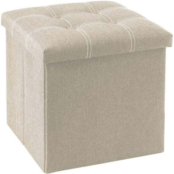 AEDILYS 15 inches Storage Ottoman Cube, Foldable Storage Boxes Footrest Step Stool, Padded Seat for Dorm Living Room, Support 300lbs, Line Fabric Beige