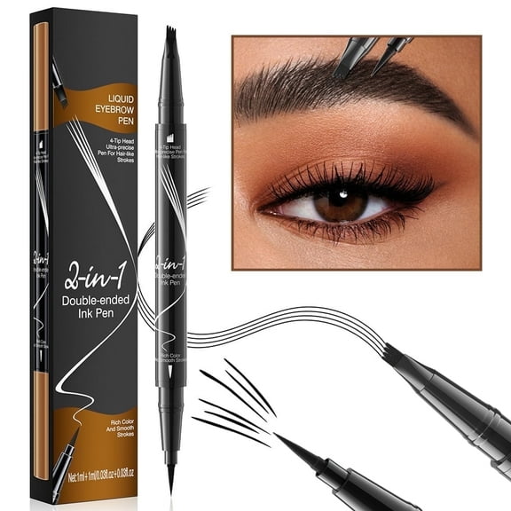 JAYWAYNE 4-Tip Head Liquid Eyebrow Pen, 2-in-1 Double-ended Microblading Pen with Ultra-Fine Point, Waterproof Formula for Natural Hair-Like Strokes, Black
