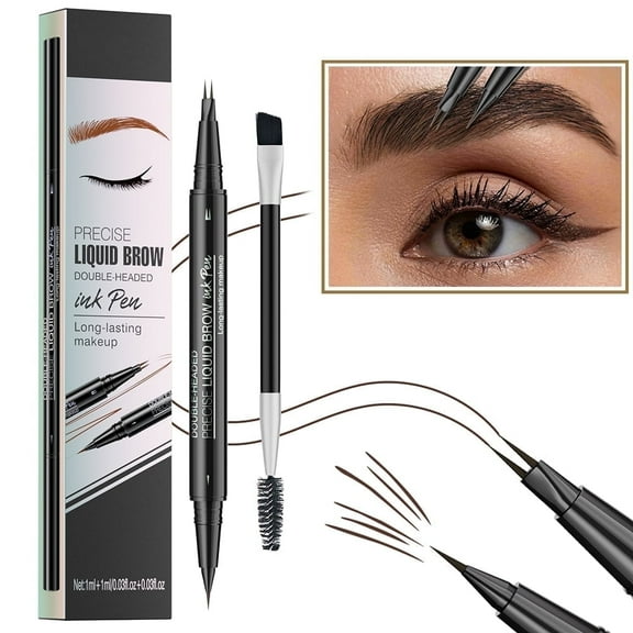 JAYWAYNE Double-Headed Liquid Brow Ink Pen, 2-in-1 Microblading Eyebrow Pen with 2-Fork Tip & Spoolie Brush, Waterproof, Long-Lasting Makeup, Natural Hair-Like Strokes, Dark Brown​​