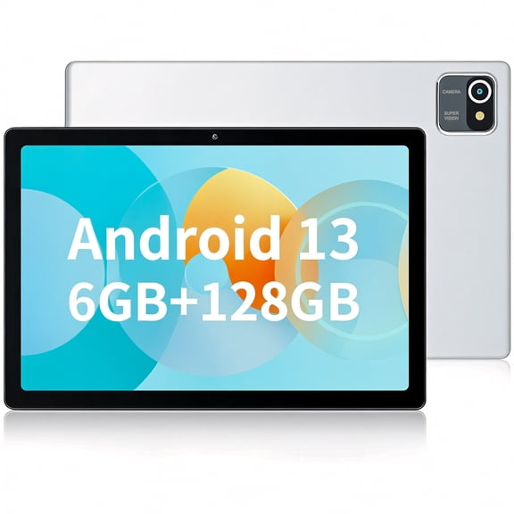 AEEZO 10 Inch Android 13 Tablet, 6GB RAM 64GB ROM, 5000mAh, 1280x800 HD Touch Screen, 5MP+8MP Dual Camera, WiFi, Silver
