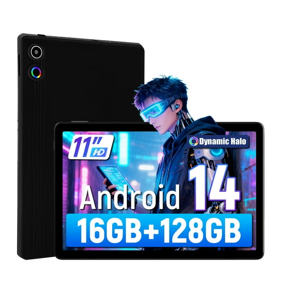 AEEZO Android 14 11inch Tablet , Octa-Core Processor,16GB RAM + 128GB ROM,FHD IPS Display,Face Unlock 6800Amh,5+8 MP with Colorful Lights,Black
